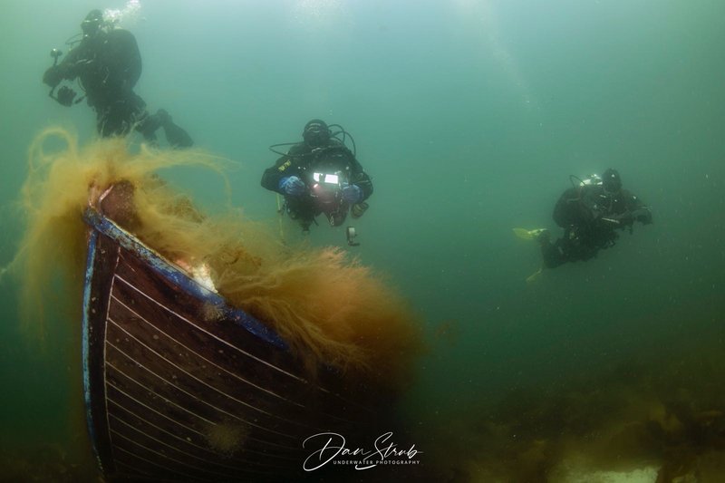 Verschiedene Taucher die über ein Wrack tauchen