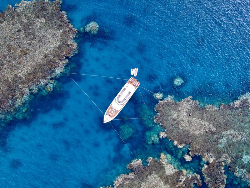 Drohnenaufnahme vom Safariboot zwischen zwei Riffs